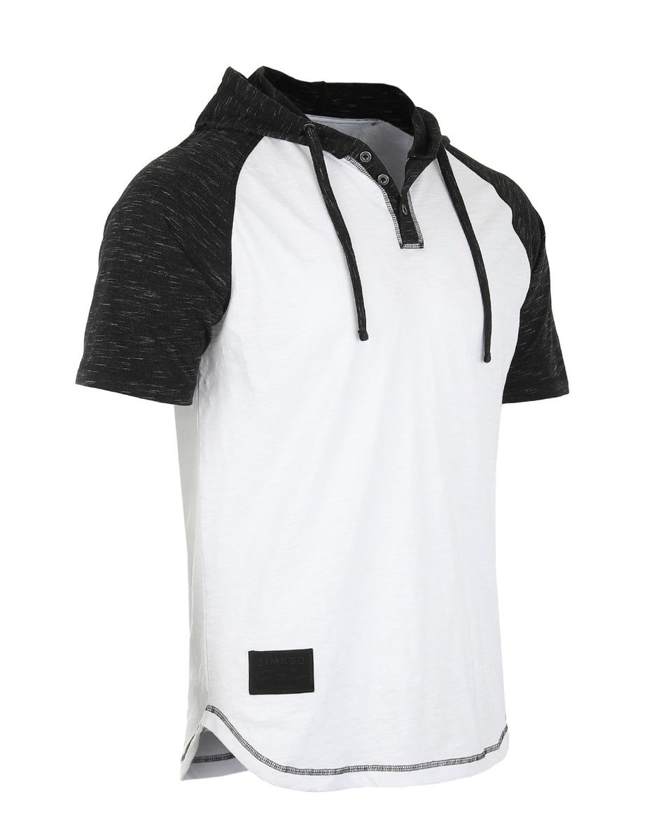 ZIMEGO Men's Short Sleeve Raglan Hoodie Round Bottom Semi Longline