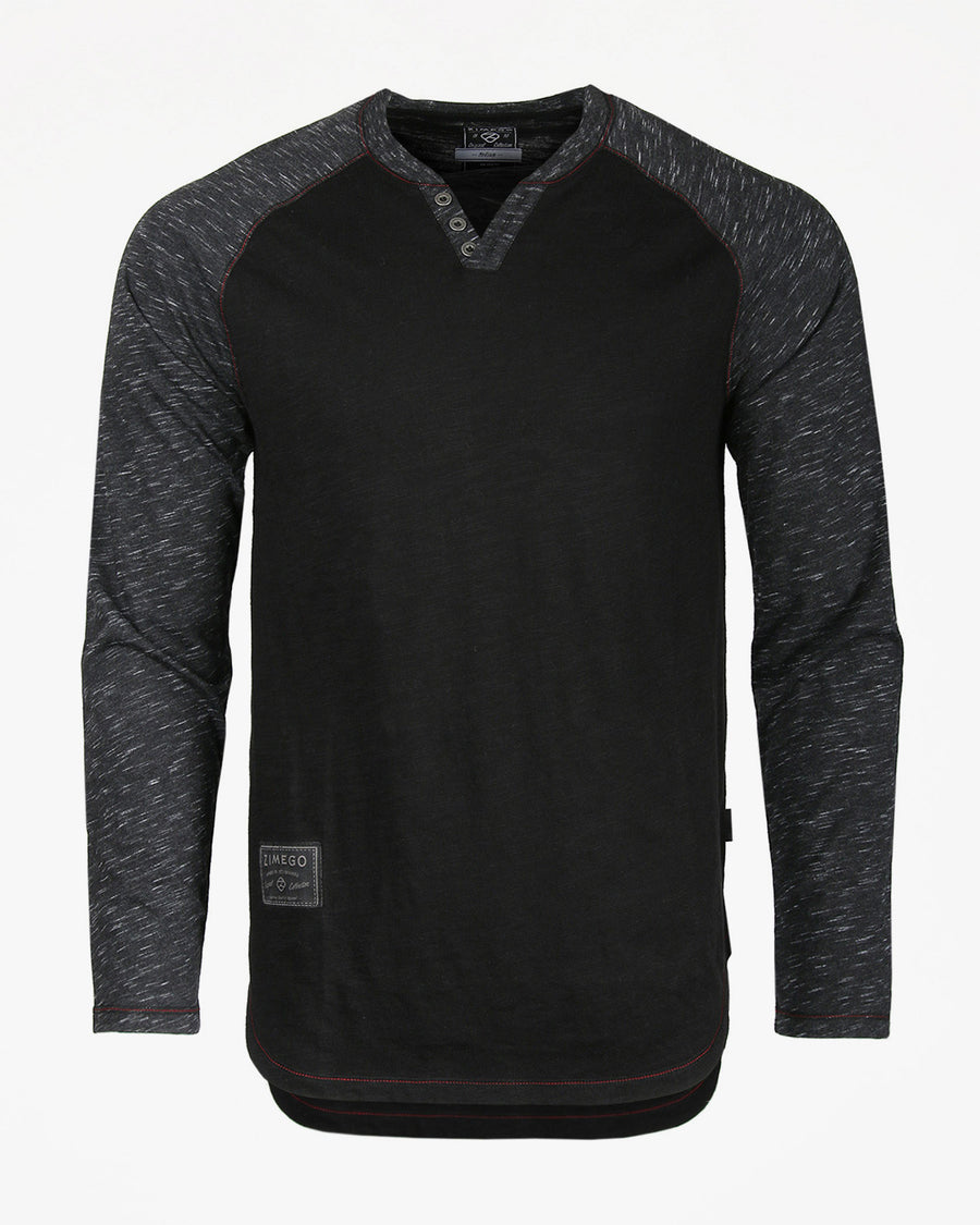 ZIMEGO Long Sleeve Contrast Raglan Henley V-Neck T-Shirts BLK-BLK