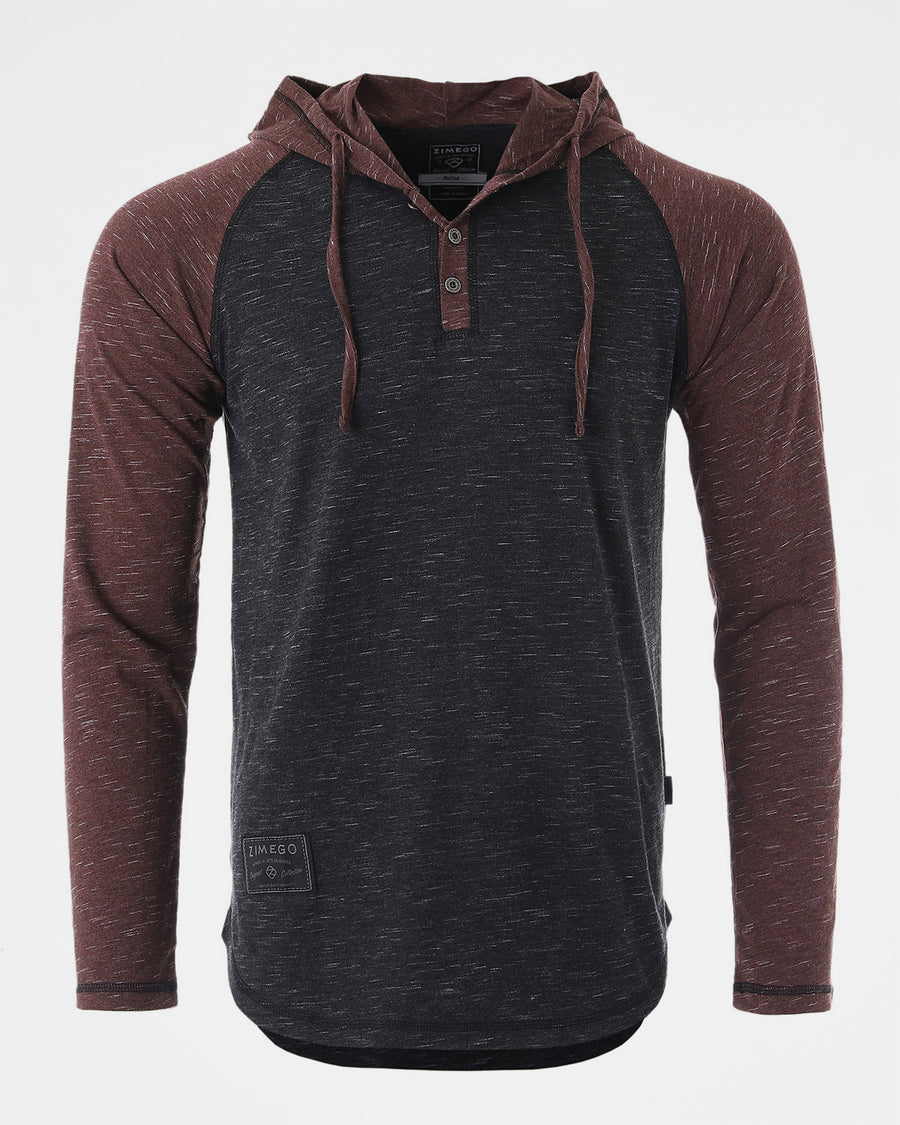 ZIMEGO Long Sleeve Raglan Henley Round Bottom Hood T-Shirts - BLACK / MAROON