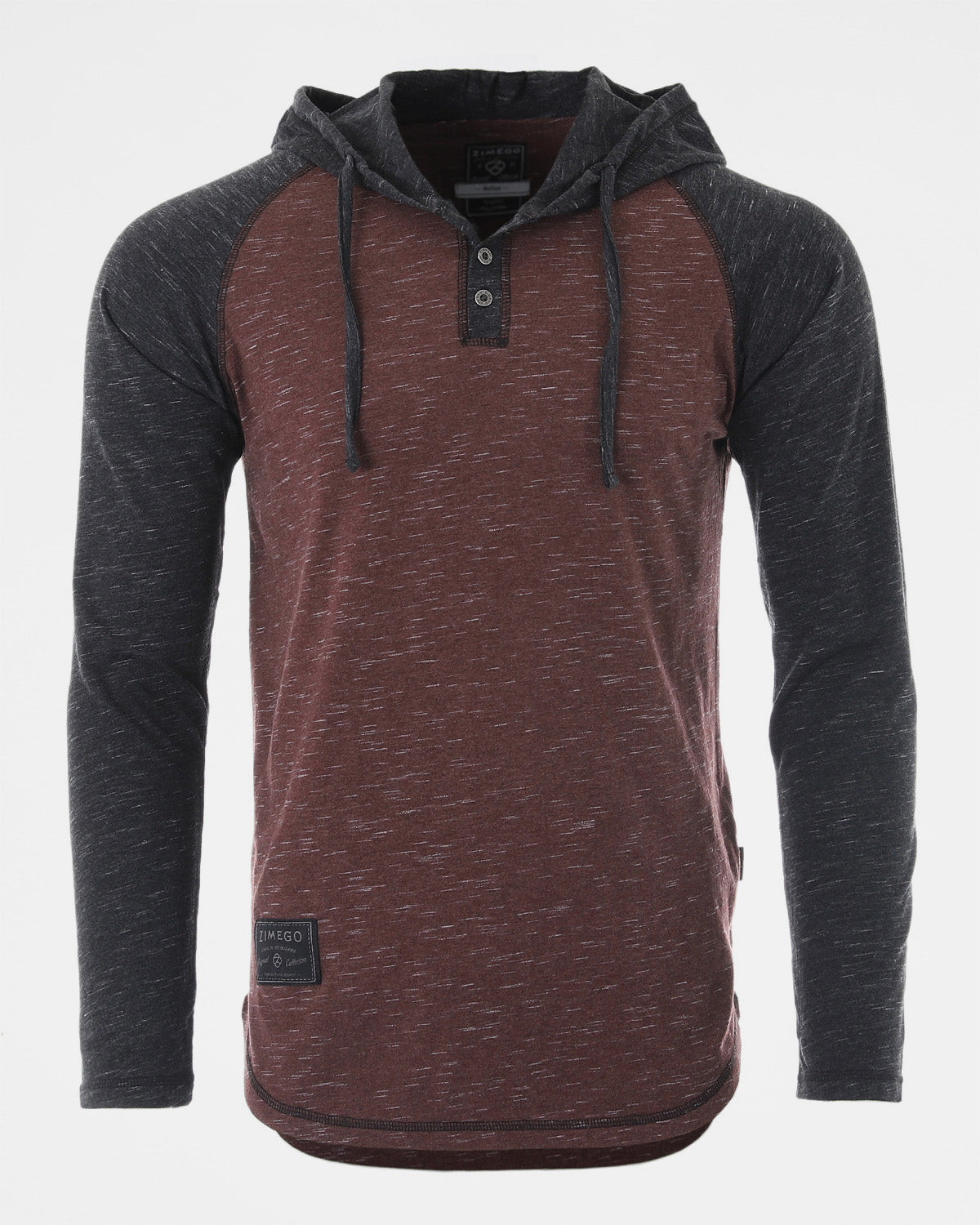 ZIMEGO Long Sleeve Raglan Henley Round Bottom Hood T-Shirts - BLACK / MAROON