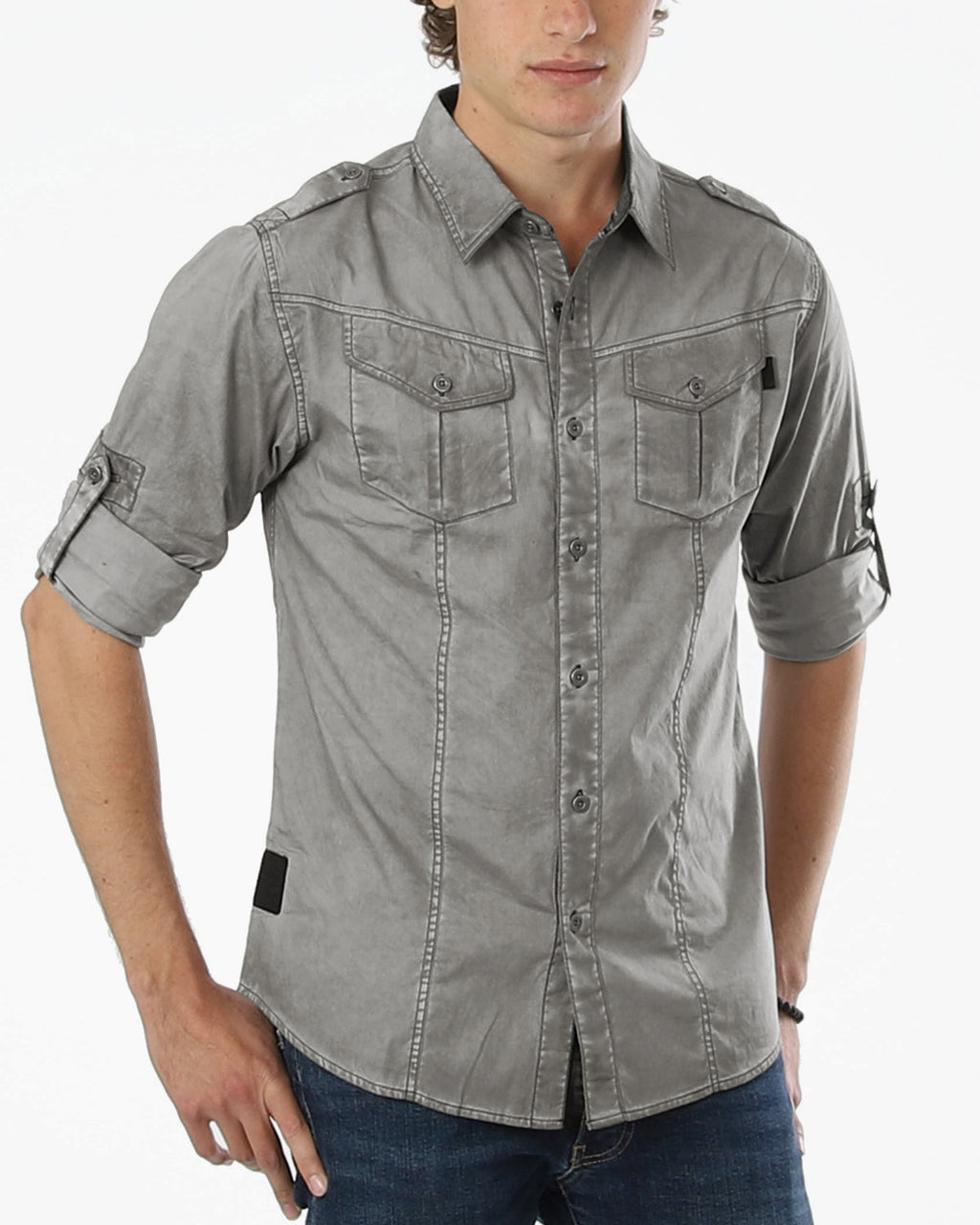 ZIMEGO Camisas con botones de moda resistentes vintage lavadas en color con manga enrollable elástica para hombre 