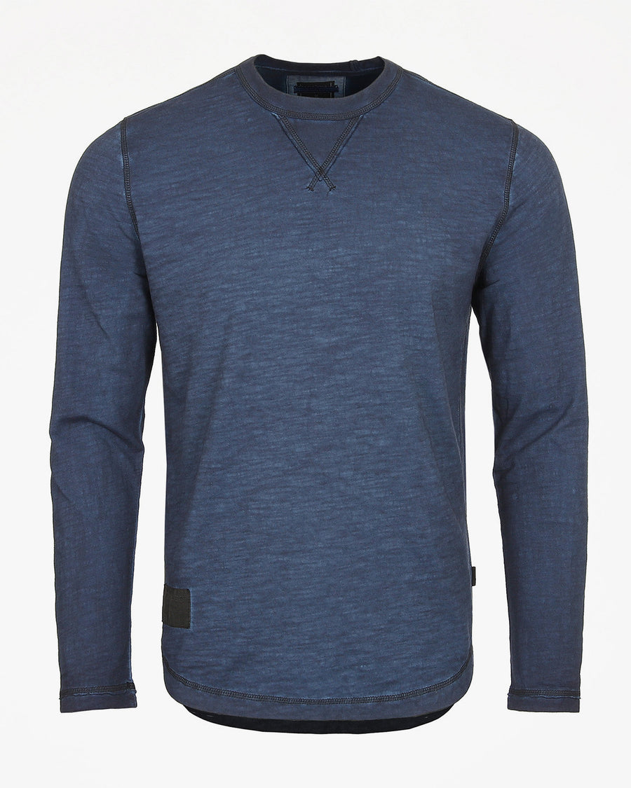 NEW - Men's Long Sleeve Crew Neck Vintage Wash T-Shirt with Curved Bottom Hem