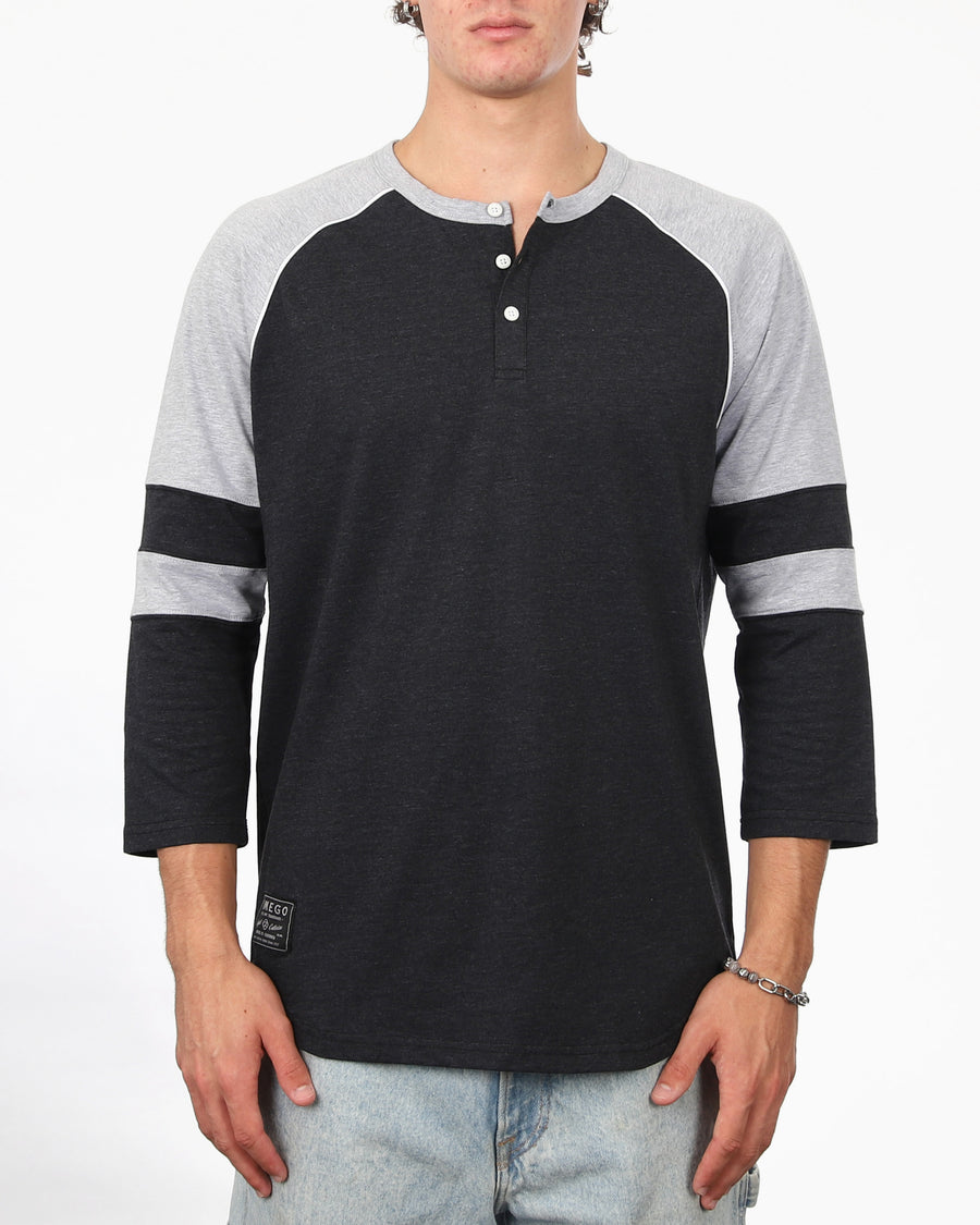 Color Block 3/4 Sleeve Stretch Casual Baseball Button Henley Shirts