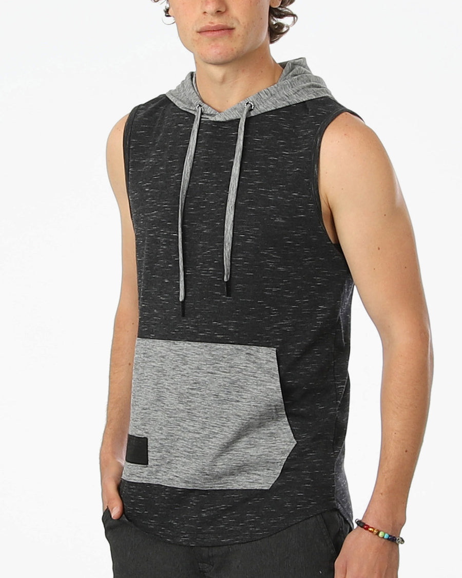 ZIMEGO Men's Color Block Sleeveless Pullover Kangaroo Pocket Workout Hooded Tank - 051