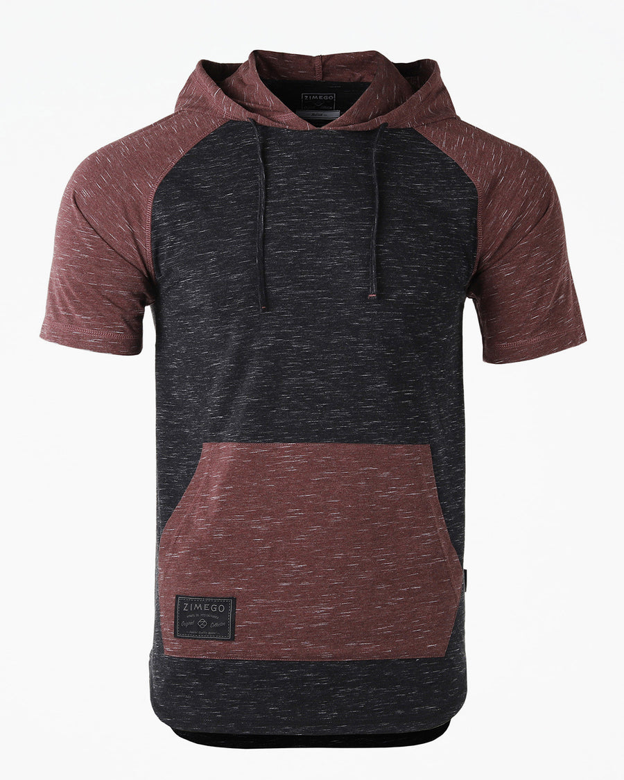 ZIMEGO Men's Short Sleeve Color Block Raglan Hoodie With Curved Hem - Black / Maroon