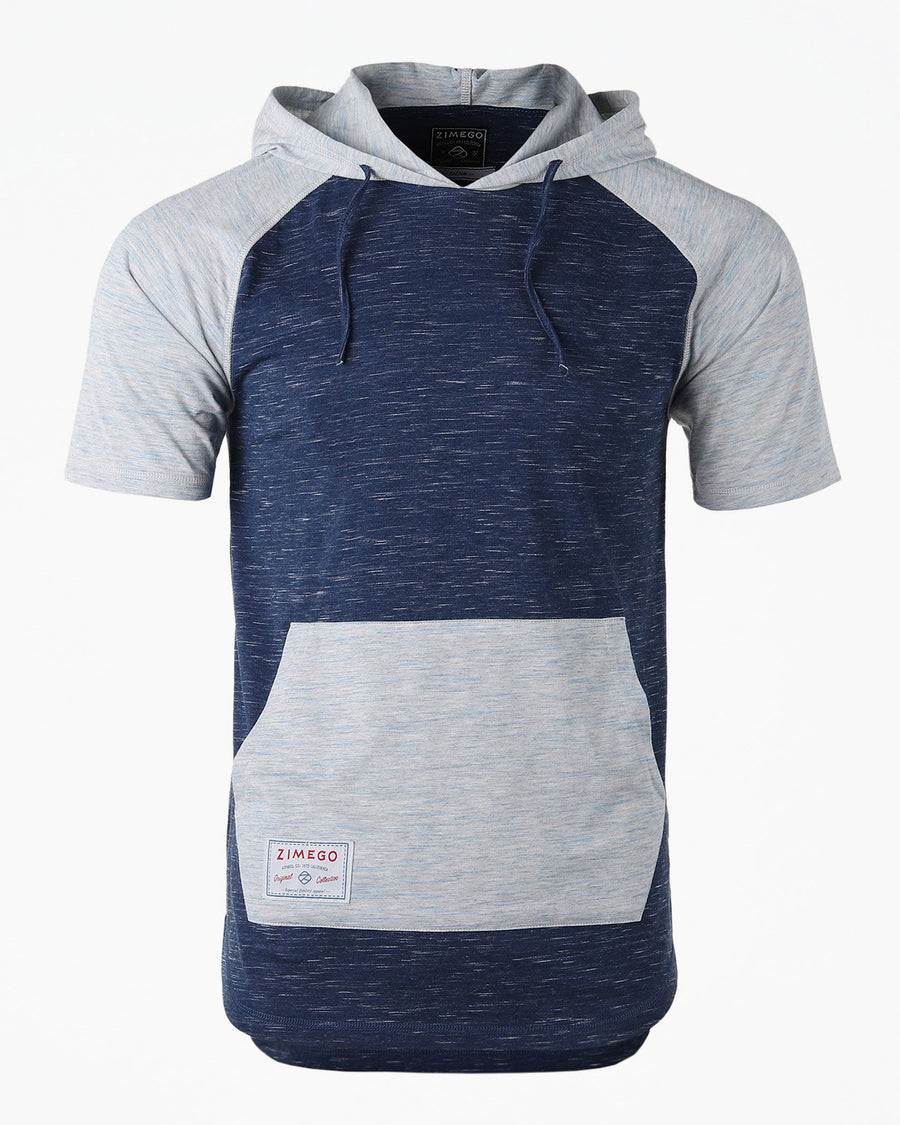 Sudadera con capucha raglán de manga corta con bloques de color y dobladillo curvado ZIMEGO para hombre - NAVY HEATHER 