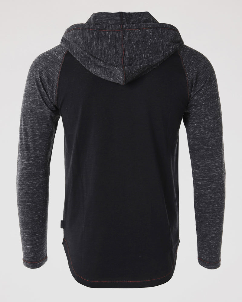 ZIMEGO Long Sleeve Raglan Henley Round Bottom Hood T-Shirts - BLACK / BLACK