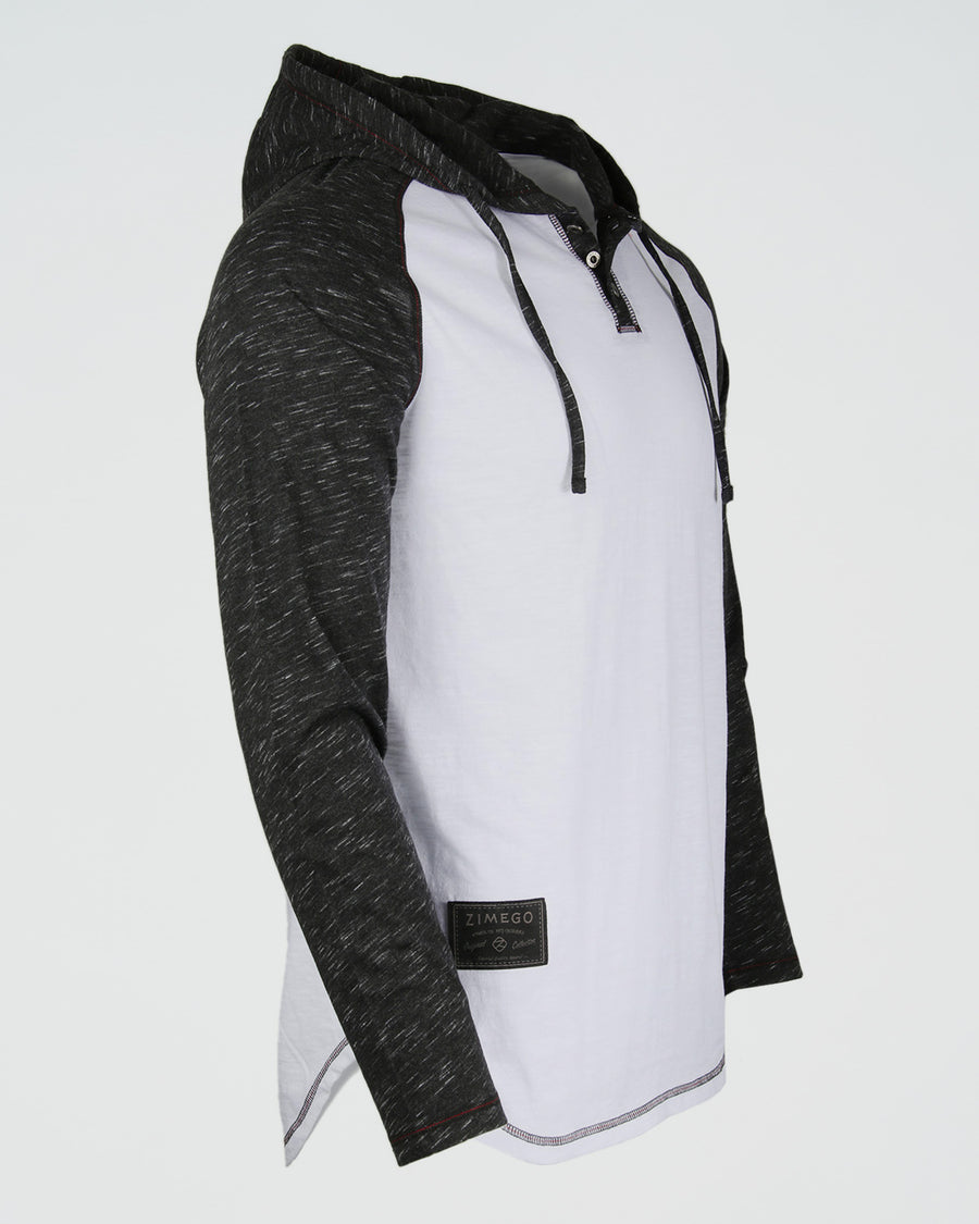 ZIMEGO Long Sleeve Raglan Henley Round Bottom Hood T-Shirts - WHITE/BLK