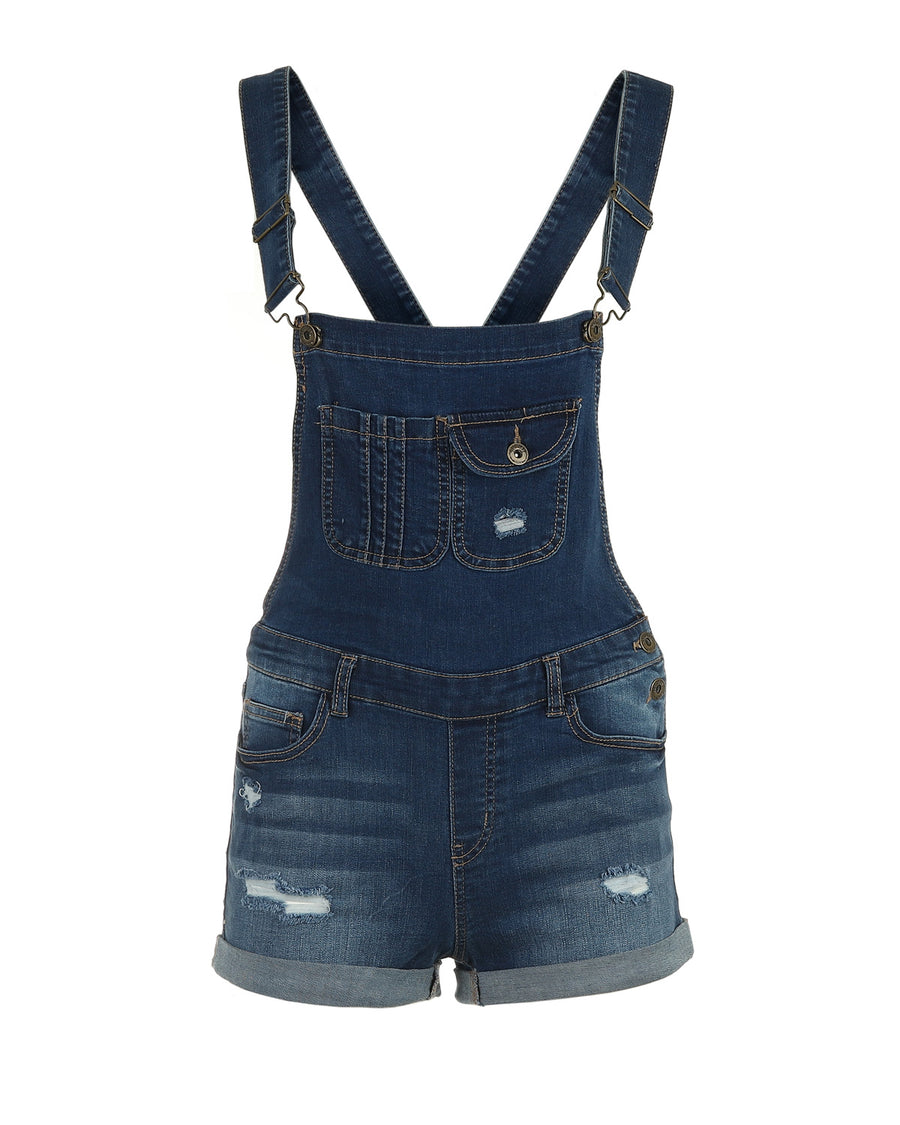 JUNIOR COTTON DENIM DESTROYED SHORT OVERALLS