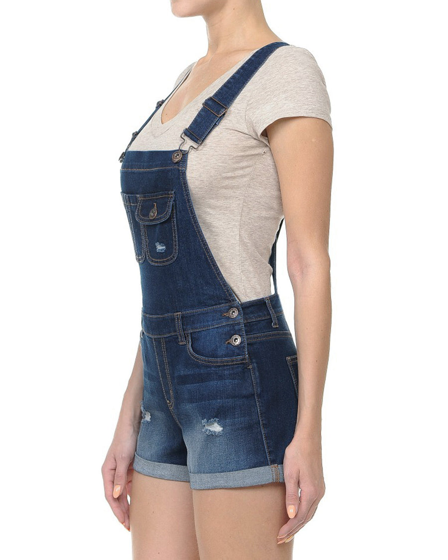 JUNIOR COTTON DENIM DESTROYED SHORT OVERALLS