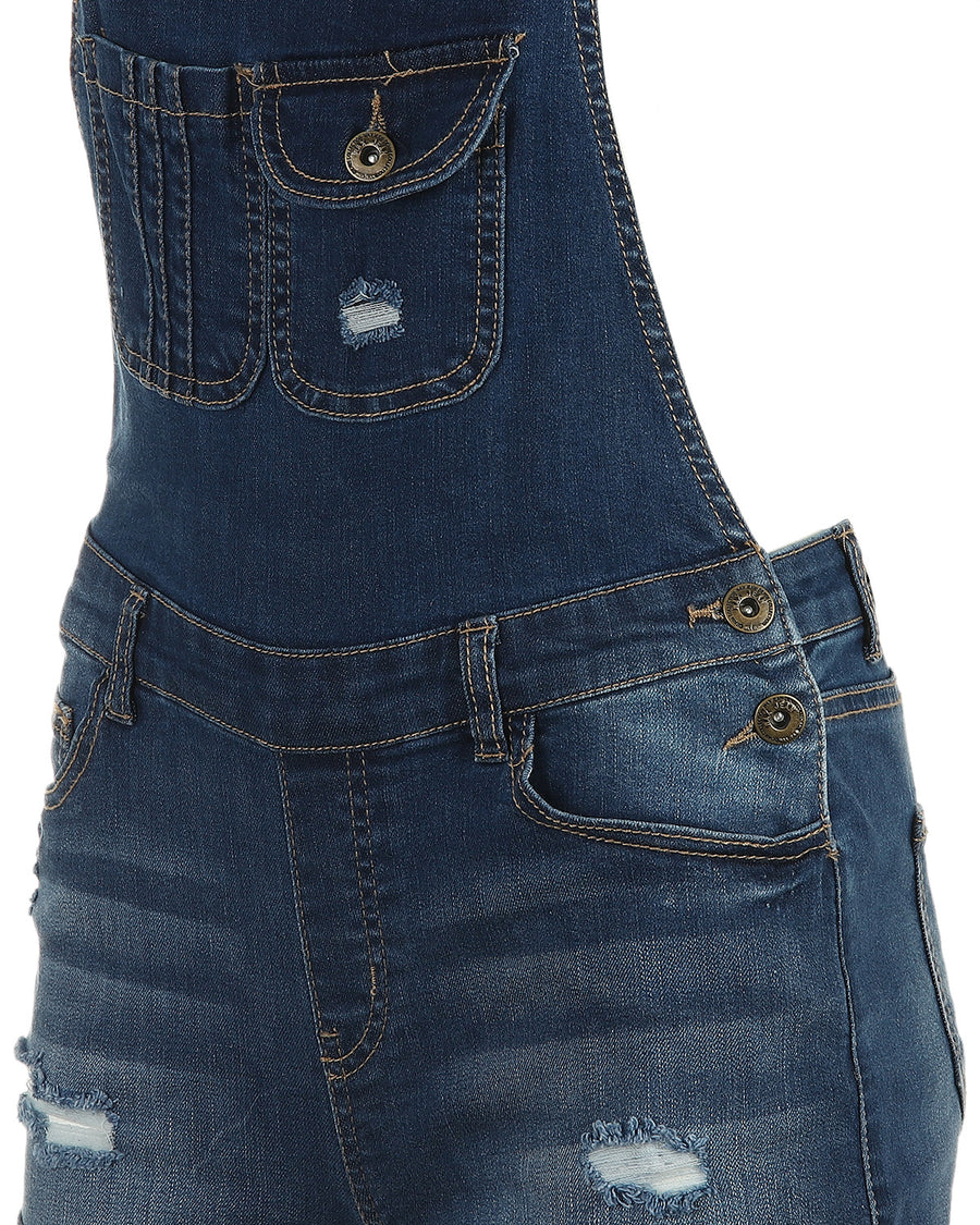 JUNIOR COTTON DENIM DESTROYED SHORT OVERALLS