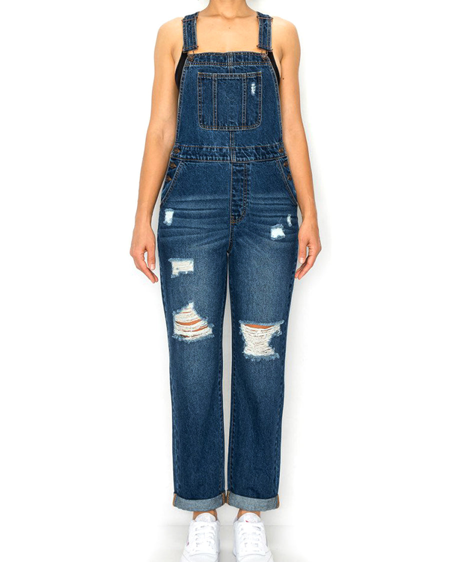 JUNIOR NON-STRETCH DENIM DESTROYED OVERALLS