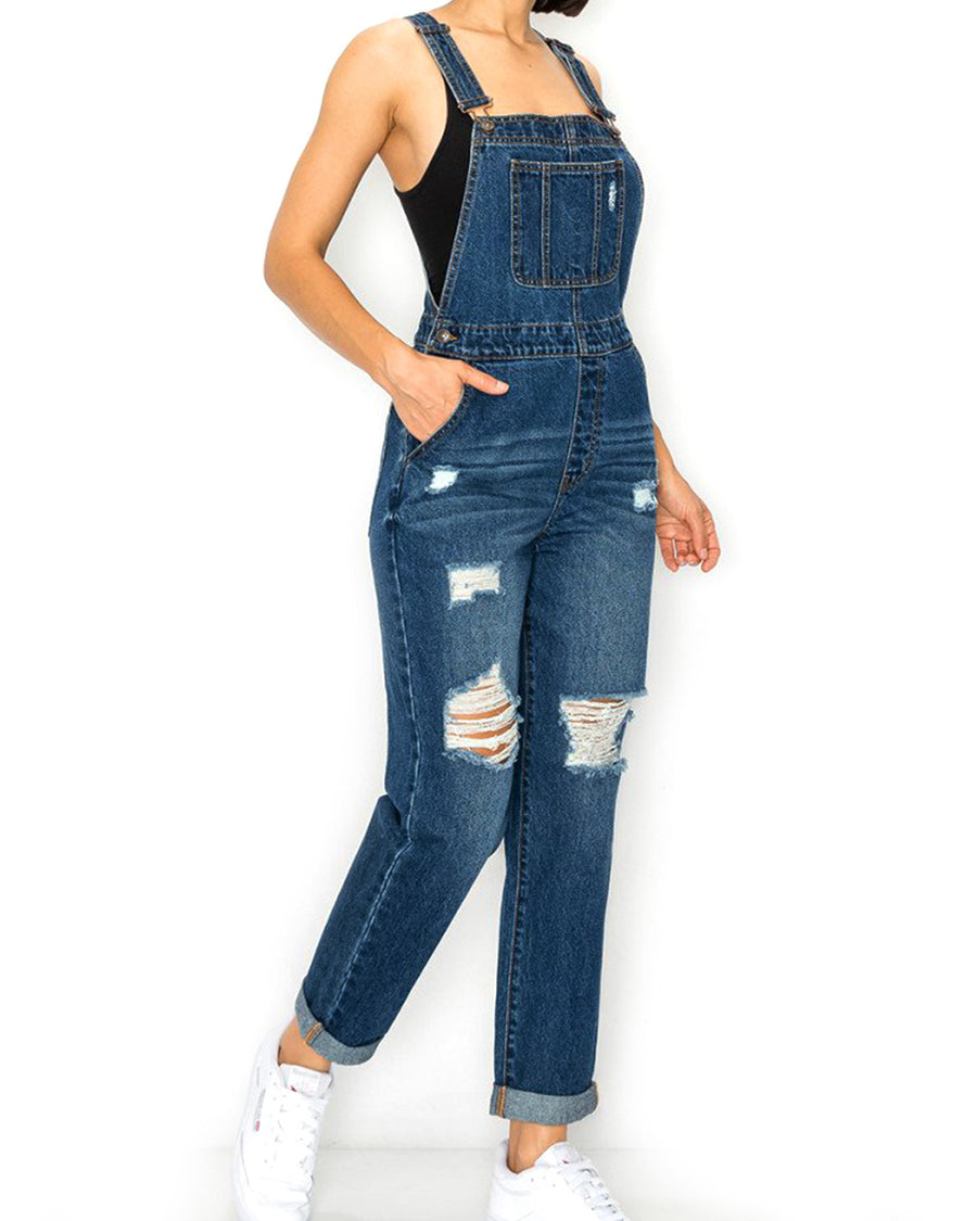 JUNIOR NON-STRETCH DENIM DESTROYED OVERALLS