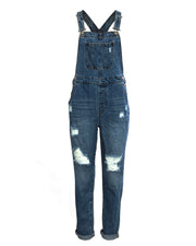 JUNIOR NON-STRETCH DENIM DESTROYED OVERALLS