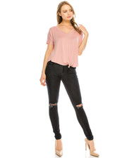 ZIMEGO Blusa casual de manga corta enrollable con cuello en V para mujer 