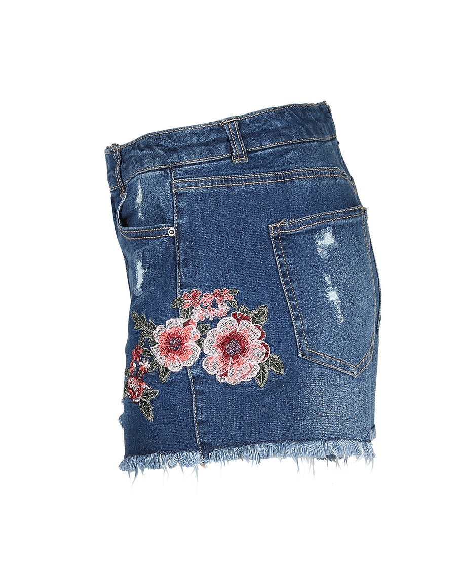 MID RISE DISTRESSED FLORAL DENIM SHORTS