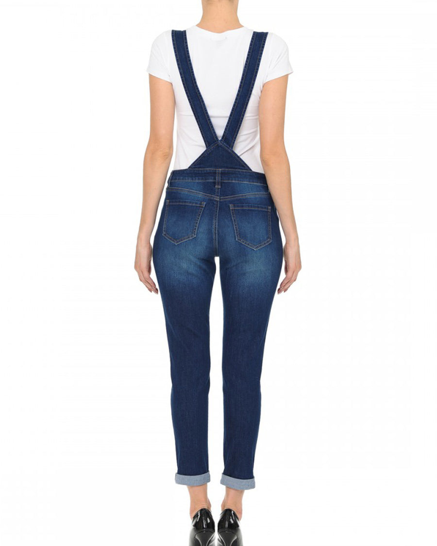 JUNIOR STRETCH DENIM DESTROYED OVERALLS