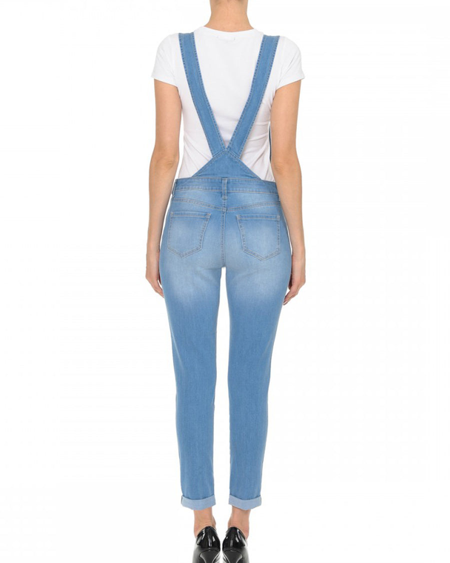 JUNIOR STRETCH DENIM DESTROYED OVERALLS