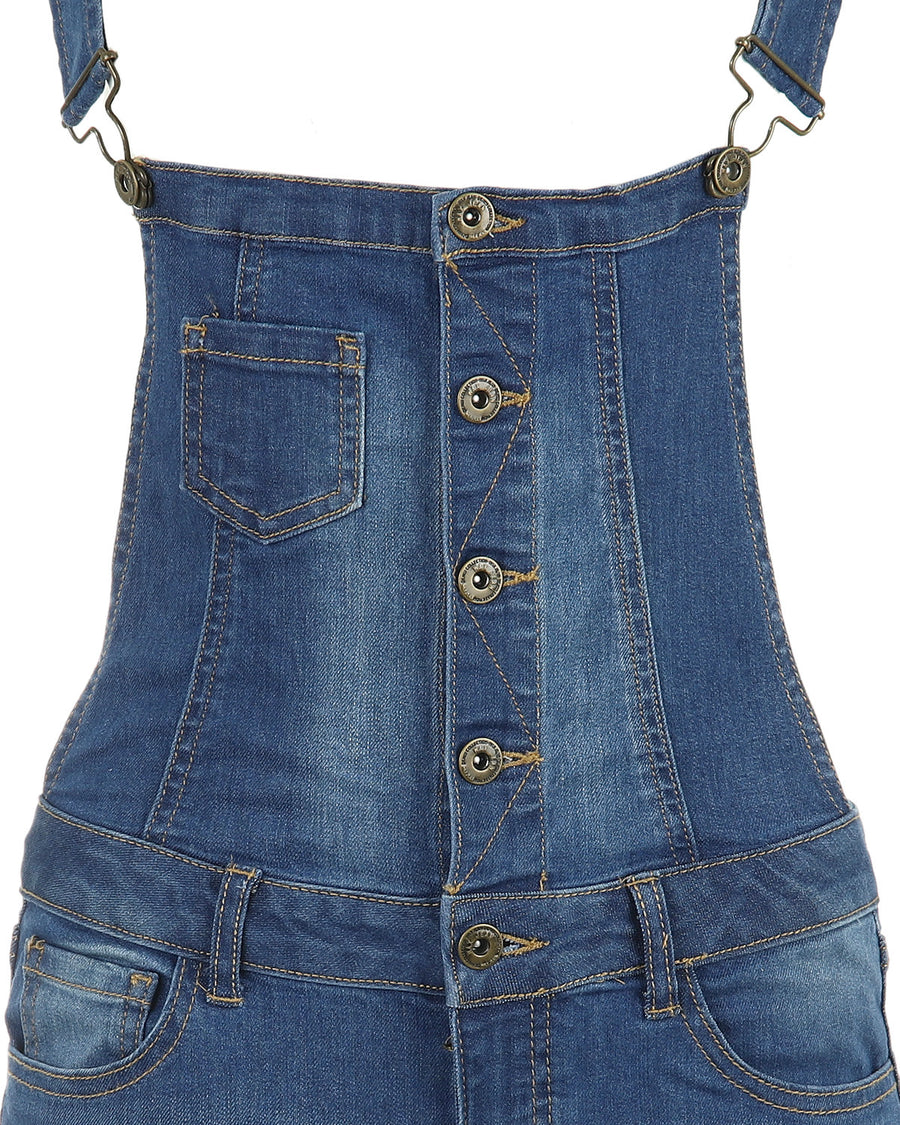 JUNIOR STRETCH DENIM DESTROYED OVERALLS