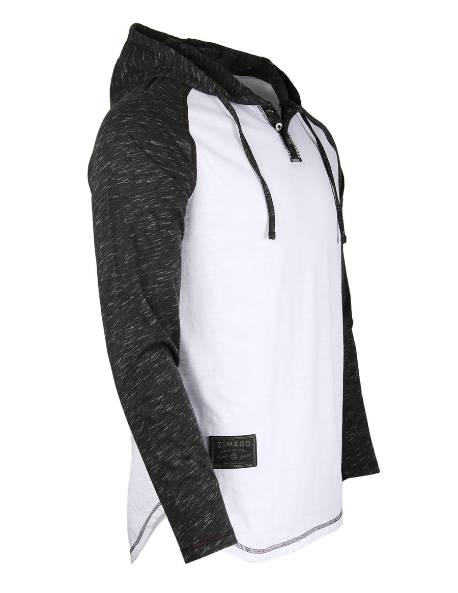 ZIMEGO Long Sleeve Raglan Henley Round Bottom Hood T-Shirts - WHITE/BLK