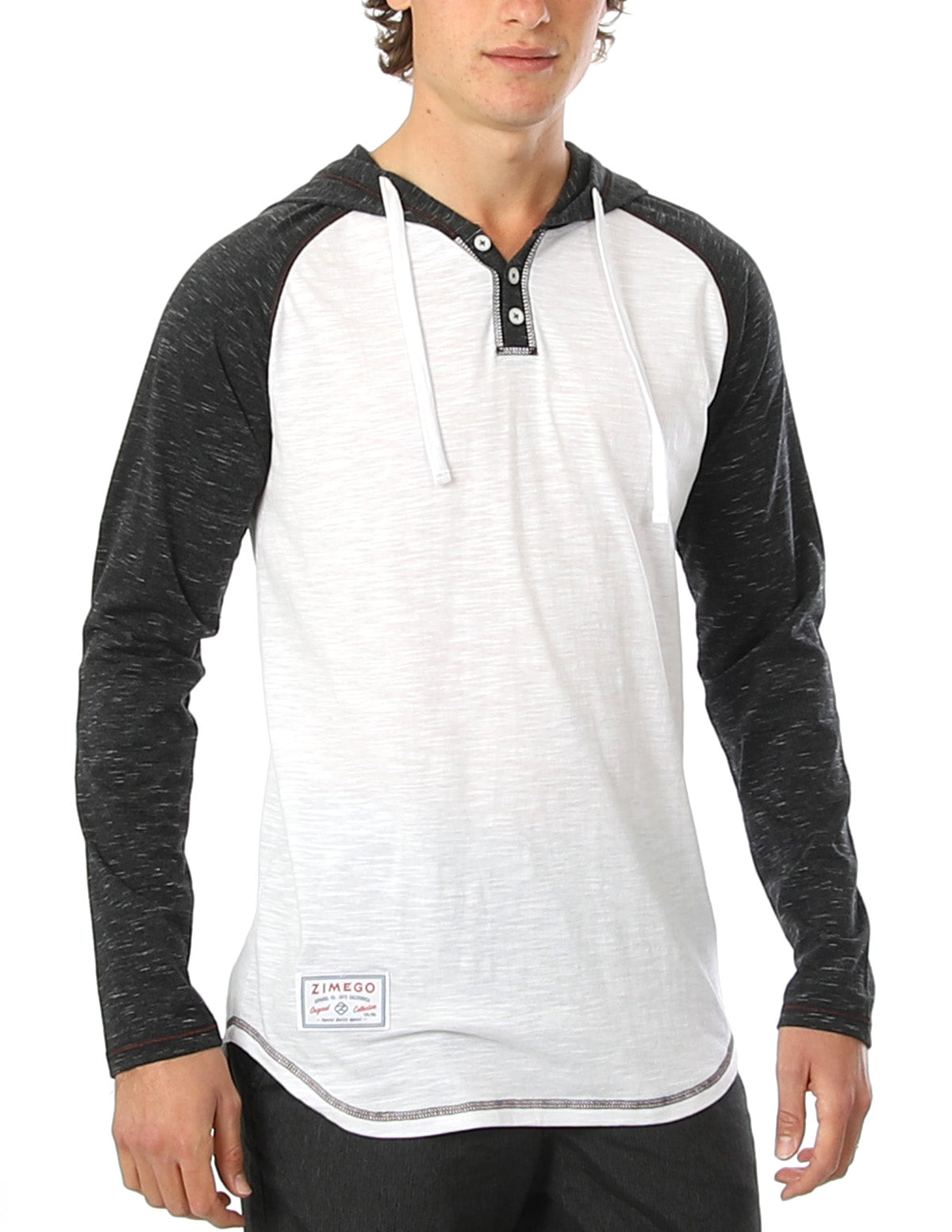 Camisetas ZIMEGO Raglan Henley de manga larga con capucha y parte inferior redonda - BLANCO/NEGRO 