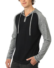 ZIMEGO Long Sleeve Raglan Henley Round Bottom Hood T-Shirts - WHITE/BLK