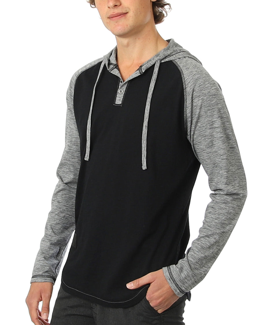 ZIMEGO Long Sleeve Raglan Henley Round Bottom Hood T-Shirts - WHITE/BLK