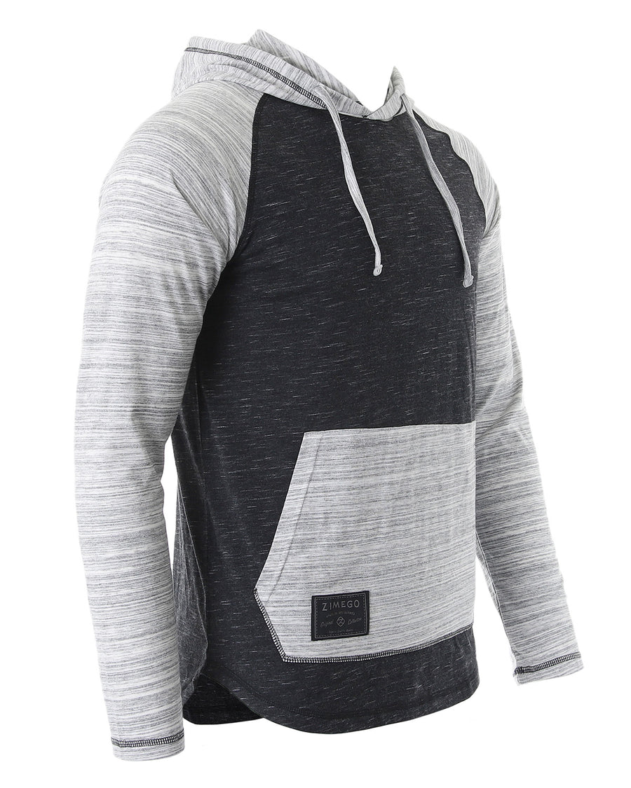 ZIMEGO Long Sleeve Raglan Henley Round Bottom Hood T-Shirts - BLACK / GREY