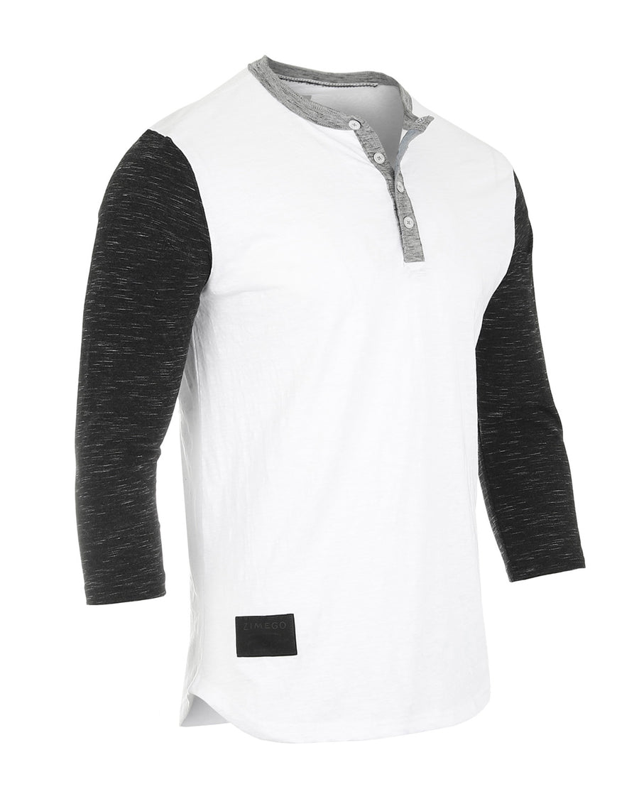 ZIMEGO Henley de béisbol blanco y negro de manga 3/4 para hombre - Camisas casuales con botones atléticos y cuello redondo 