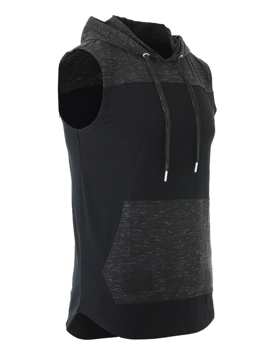 ZIMEGO Men's Color Block Sleeveless Pullover Kangaroo Pocket Workout Hooded Tank - 051