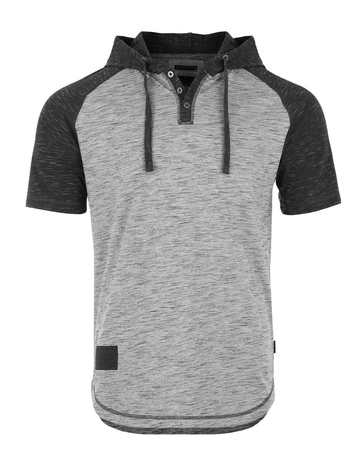 Zimego Short Sleeve Raglan Henley Hoodie Round Bottom Semi Longline T Shirt D.Grey Black X Large