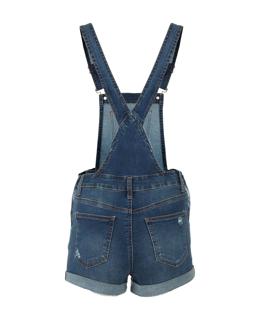 JUNIOR STRETCH DENIM DESTROYED OVERALLS