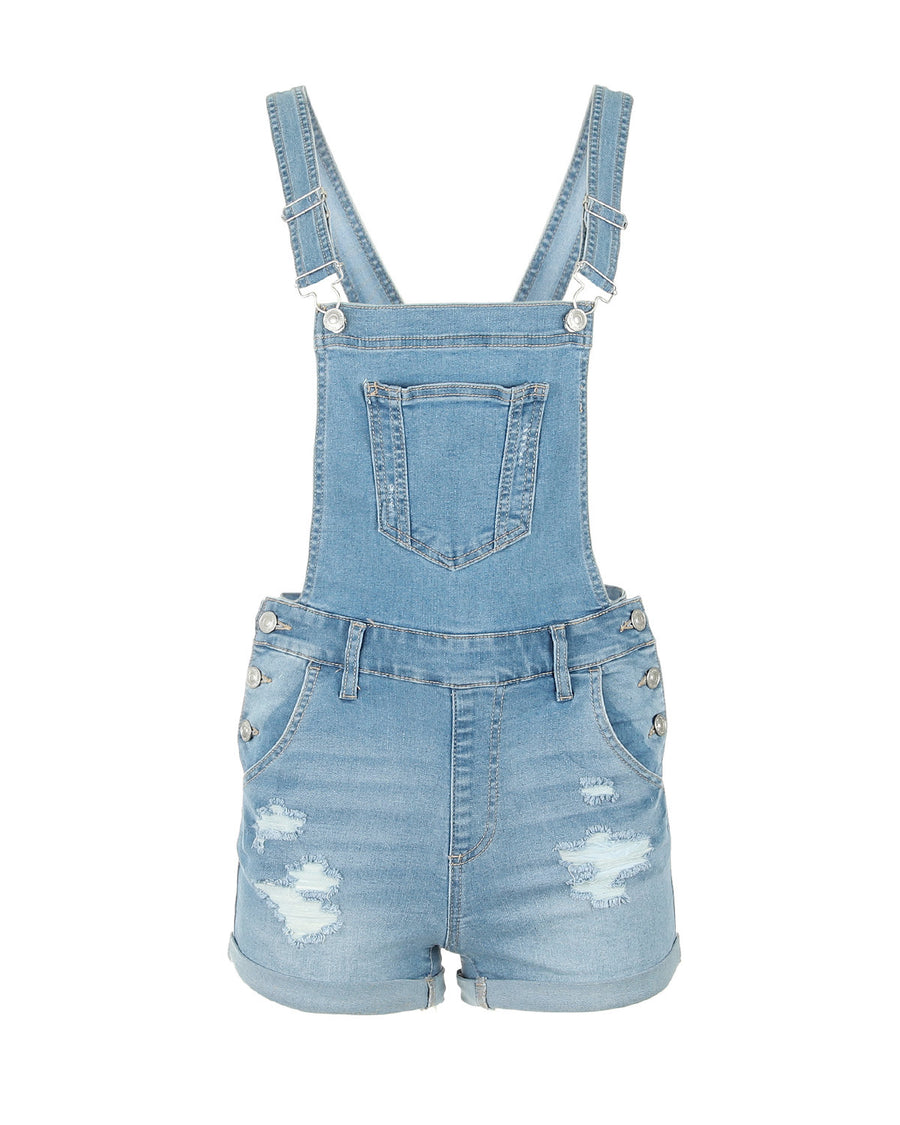 JUNIOR STRETCH DENIM DESTROYED OVERALLS