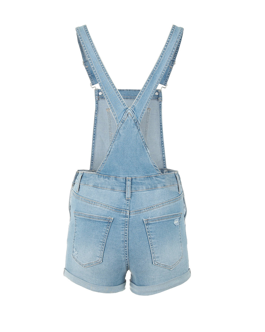 JUNIOR STRETCH DENIM DESTROYED OVERALLS