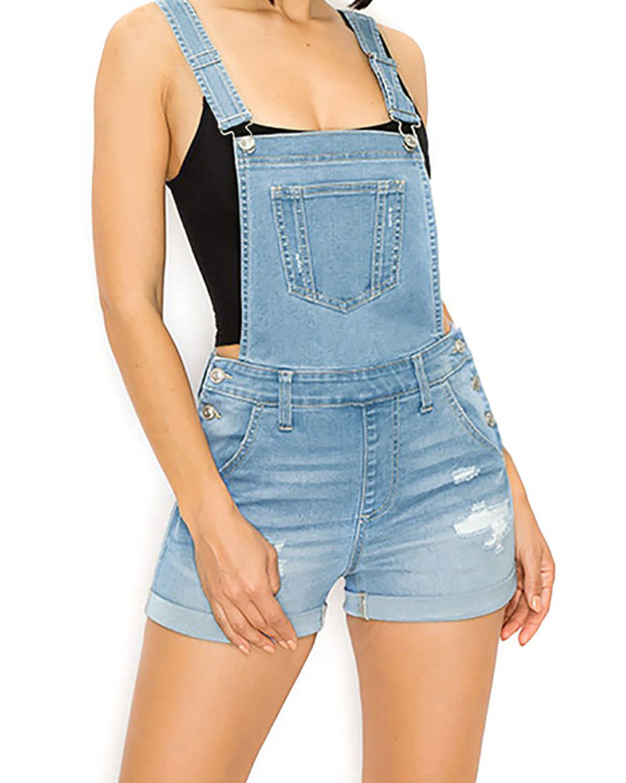 JUNIOR STRETCH DENIM DESTROYED OVERALLS