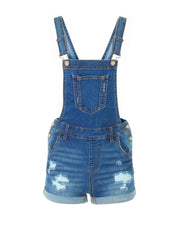 JUNIOR STRETCH DENIM DESTROYED OVERALLS