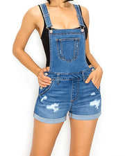 JUNIOR STRETCH DENIM DESTROYED OVERALLS